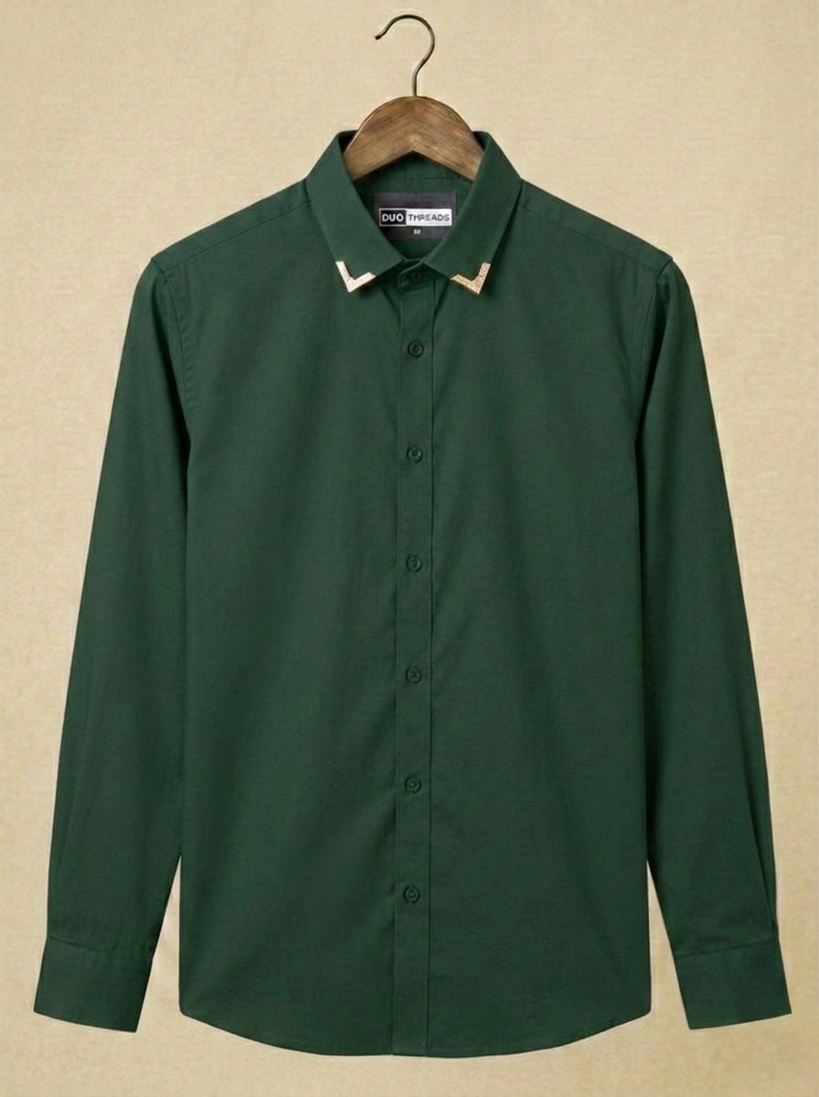 BOTTLE GREEN SLIM-FIT SHIRT WITH GOLD-TIP COLLAR