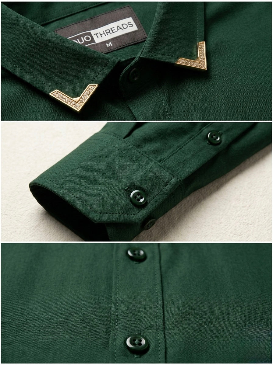 BOTTLE GREEN SLIM-FIT SHIRT WITH GOLD-TIP COLLAR