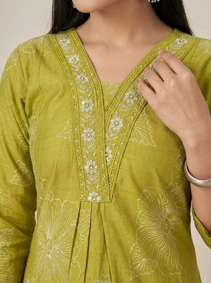 NEON GREEN EMBROIDERY SHIMMMER MIDI KURTI (WITH COTTON LINING)