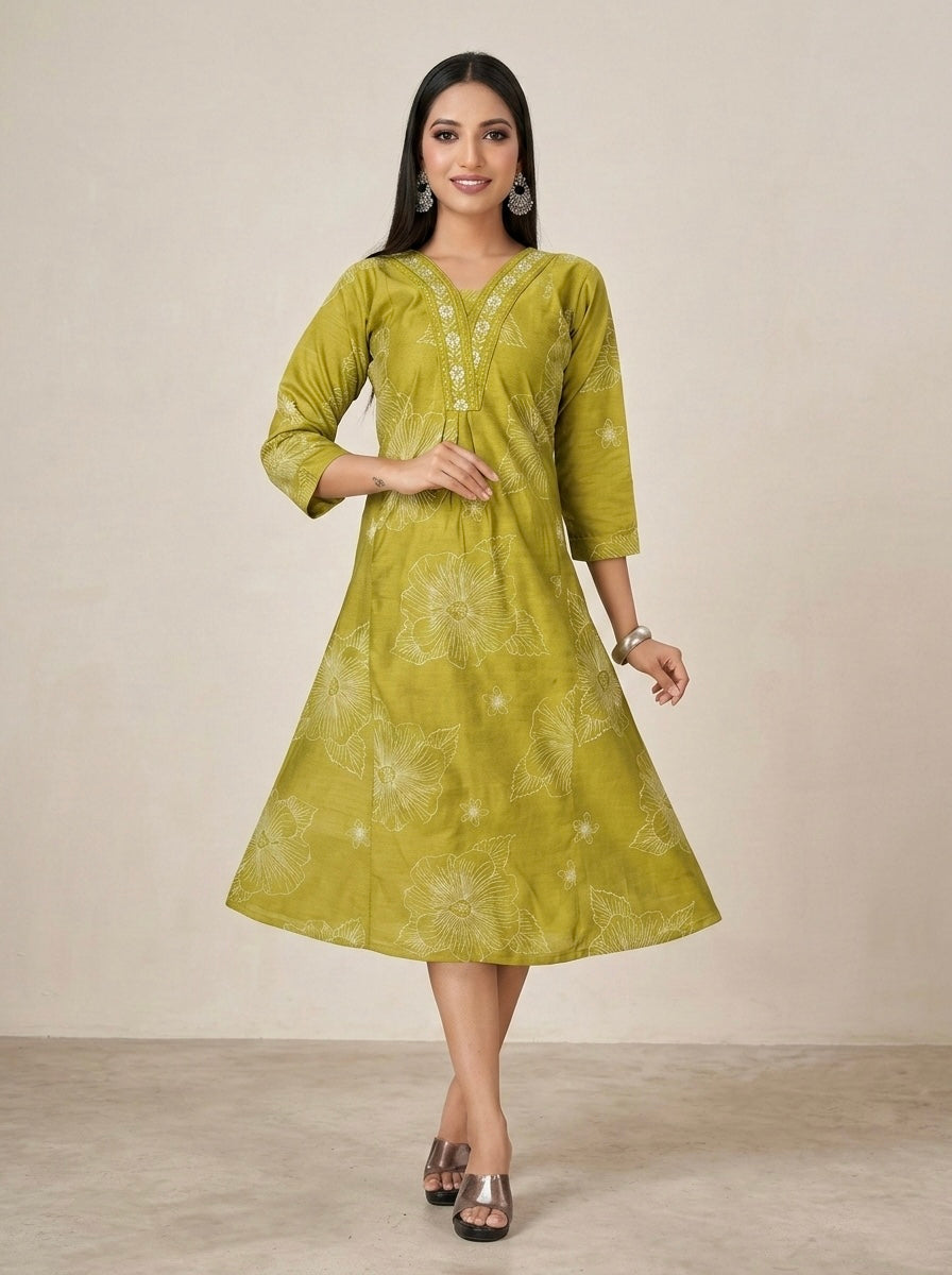NEON GREEN EMBROIDERY SHIMMMER MIDI KURTI (WITH COTTON LINING)