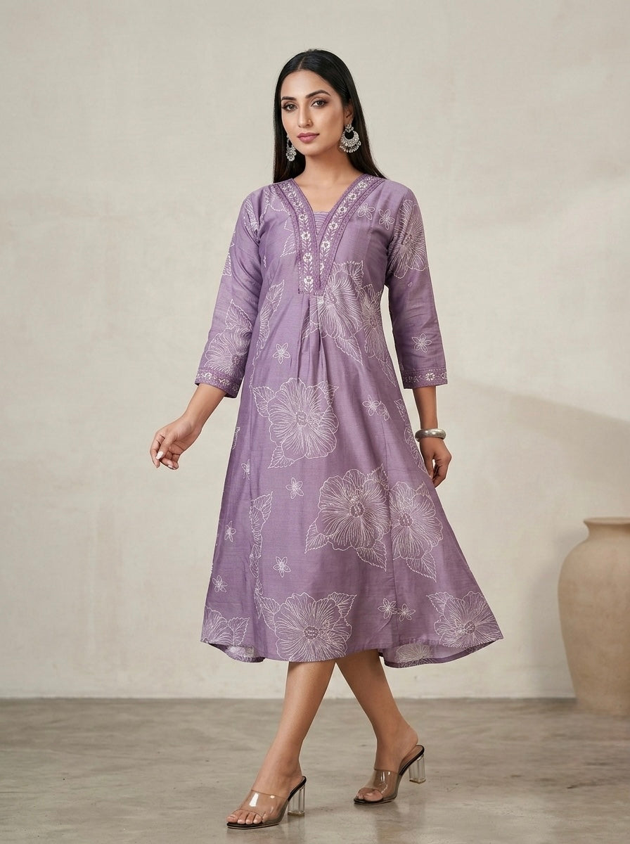 LAVENDER HIBISCUS EMBROIDERY SHIMMER MIDI KURTI (WITH COTTON LINING)