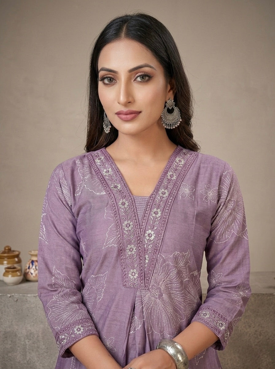 LAVENDER HIBISCUS EMBROIDERY SHIMMER MIDI KURTI (WITH COTTON LINING)