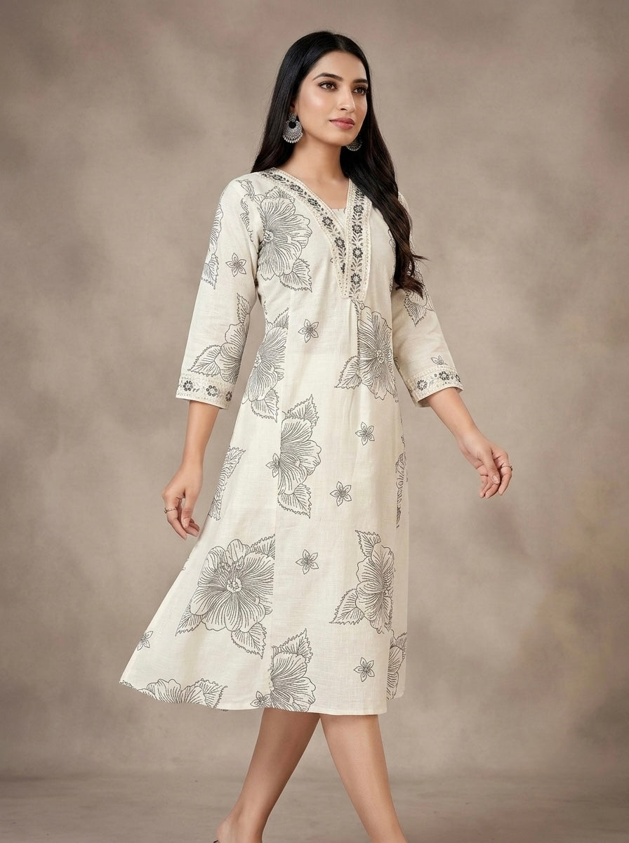 IVORY HIBISCUS EMBROIDERY SHIMMER MIDI KURTI (WITH COTTON LINING)