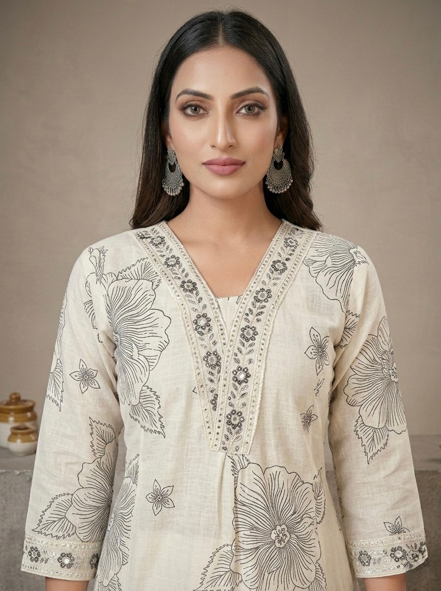 IVORY HIBISCUS EMBROIDERY SHIMMER MIDI KURTI (WITH COTTON LINING)