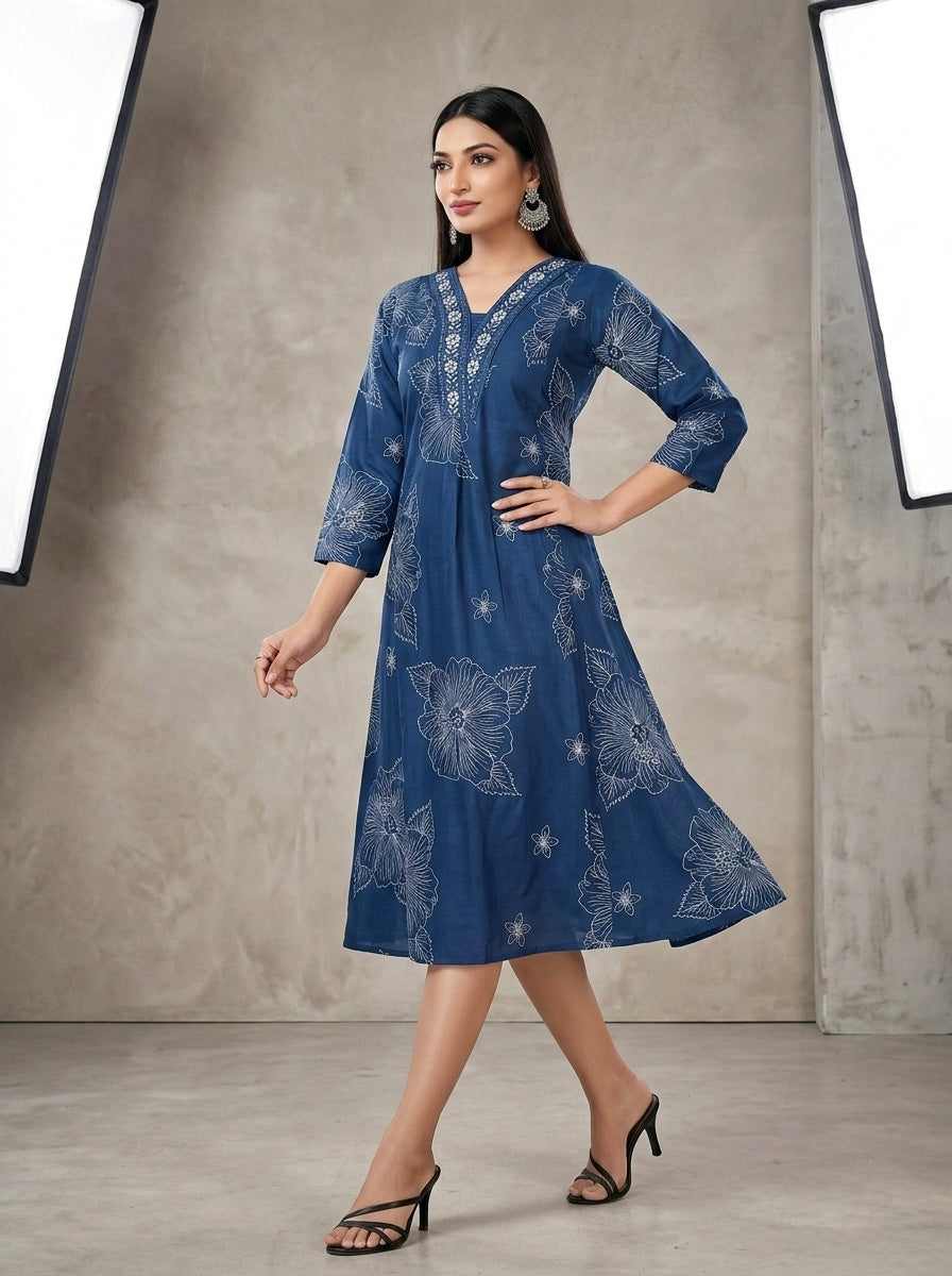 NAVY BLUE EMBROIDERY SHIMMER MIDI KURTI (WITH COTTON LINING)