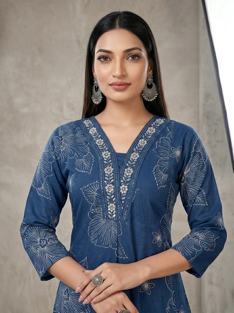 NAVY BLUE EMBROIDERY SHIMMER MIDI KURTI (WITH COTTON LINING)