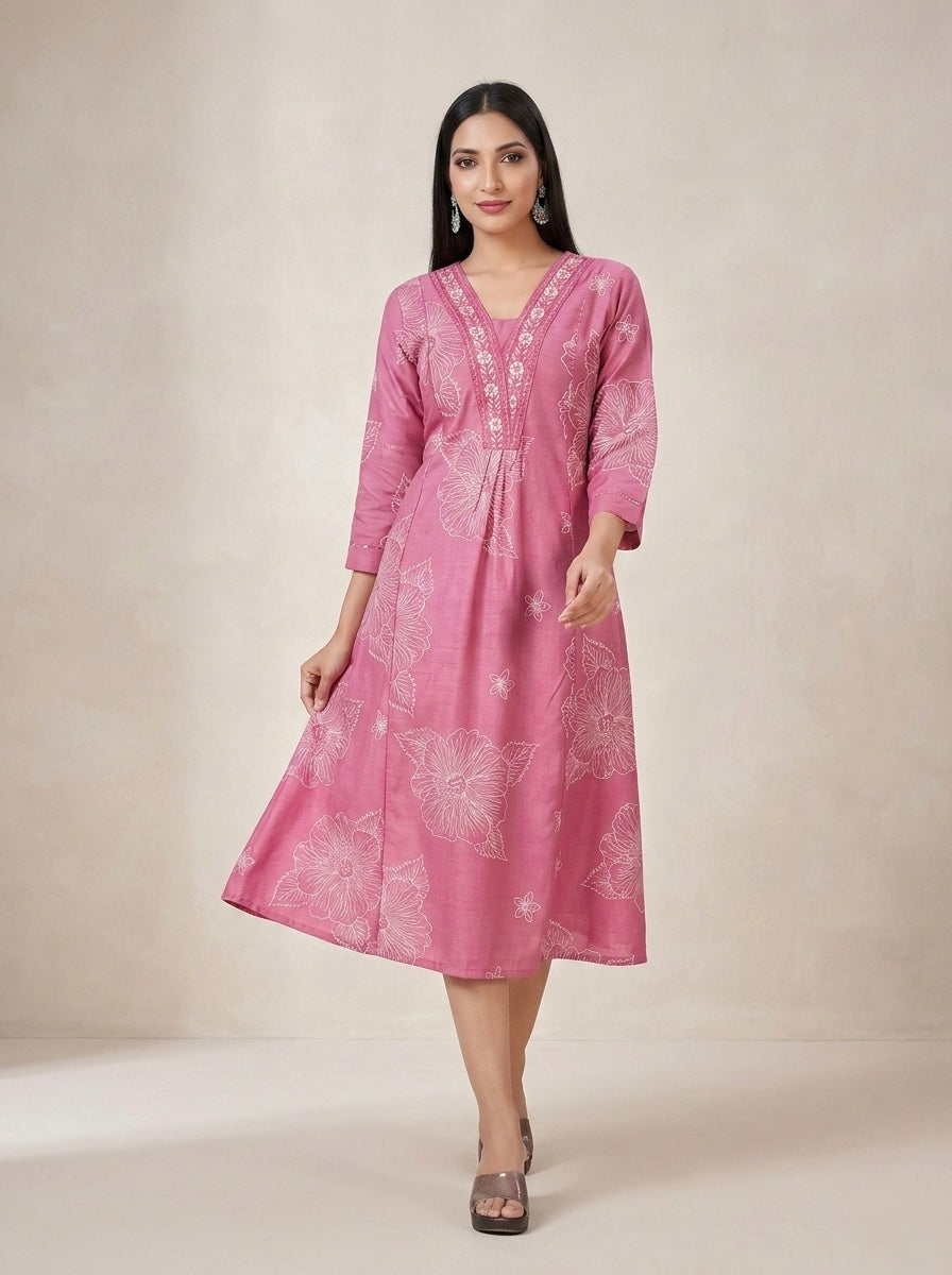 PINK HIBISCUS SHIMMER MIDI KURTI (WITH COTTON LINING)