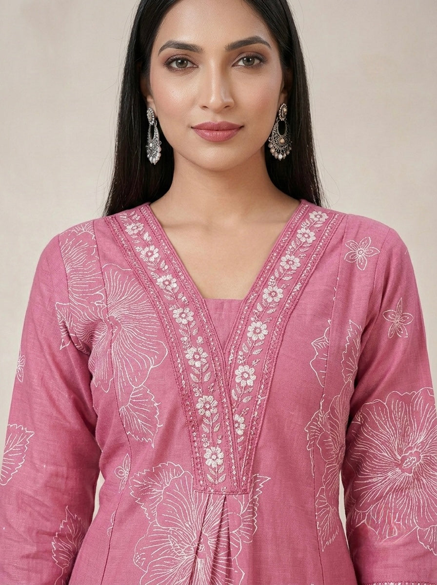 PINK HIBISCUS SHIMMER MIDI KURTI (WITH COTTON LINING)