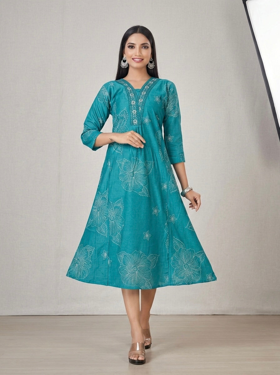 TEAL HIBISCUS EMBROIDERED MIDI SHIMMER KURTI (WITH COTTON LINING)