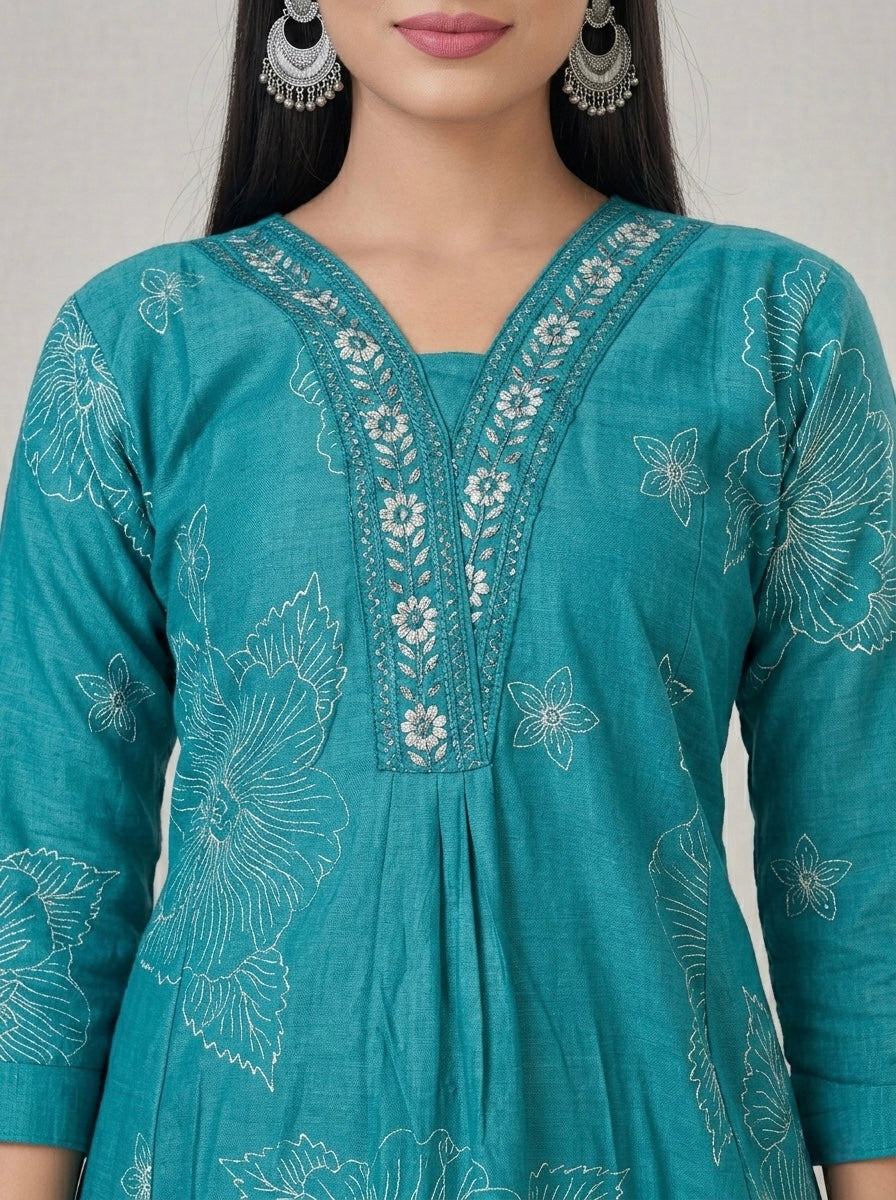 TEAL HIBISCUS EMBROIDERED MIDI SHIMMER KURTI (WITH COTTON LINING)