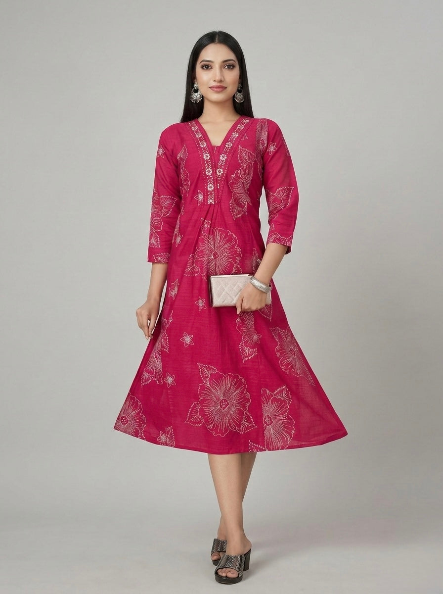 VIBRANT PINK EMBROIDERY SHIMMER MIDI KURTI (WITH COTTON LINING)