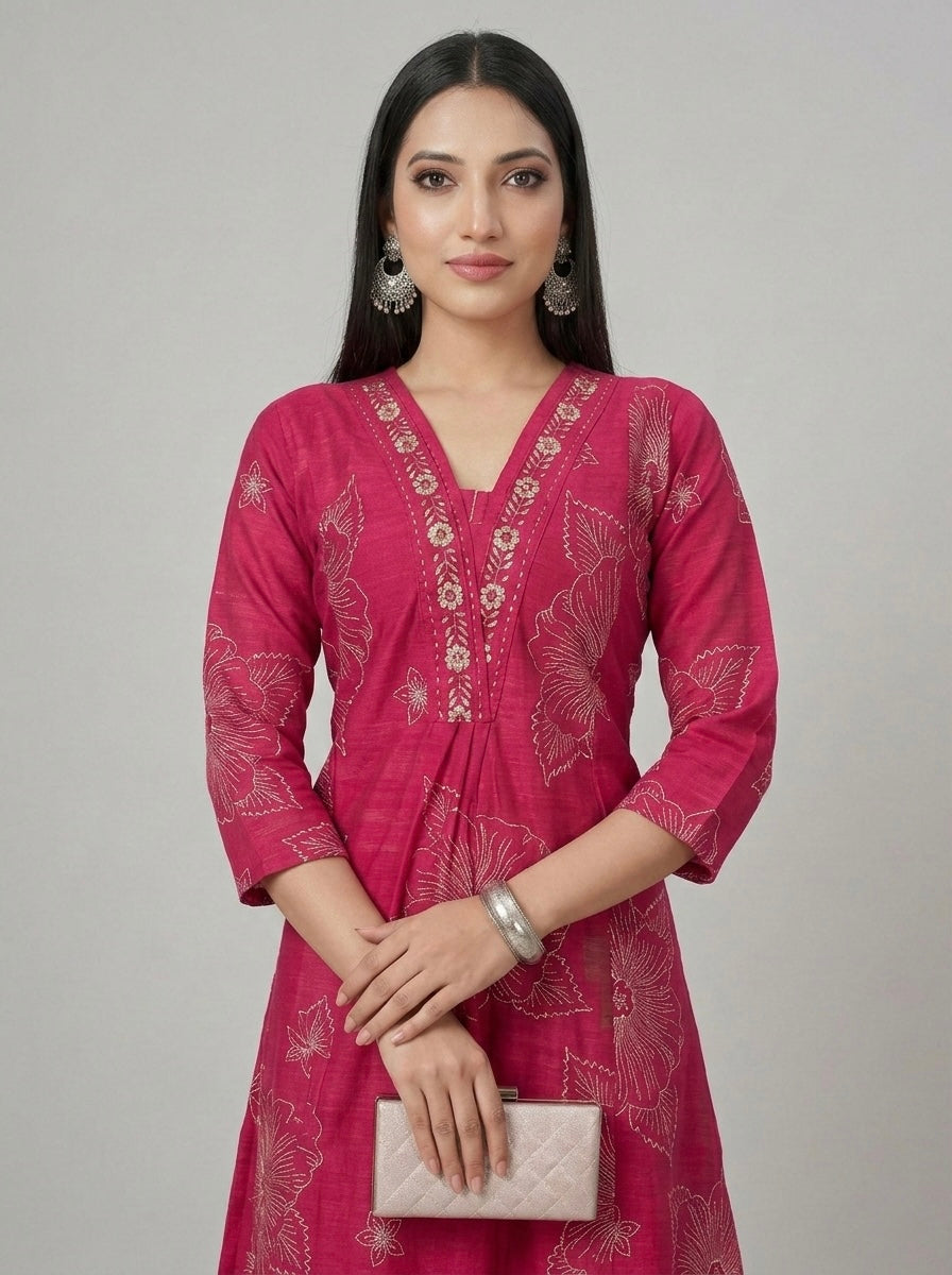 VIBRANT PINK EMBROIDERY SHIMMER MIDI KURTI (WITH COTTON LINING)