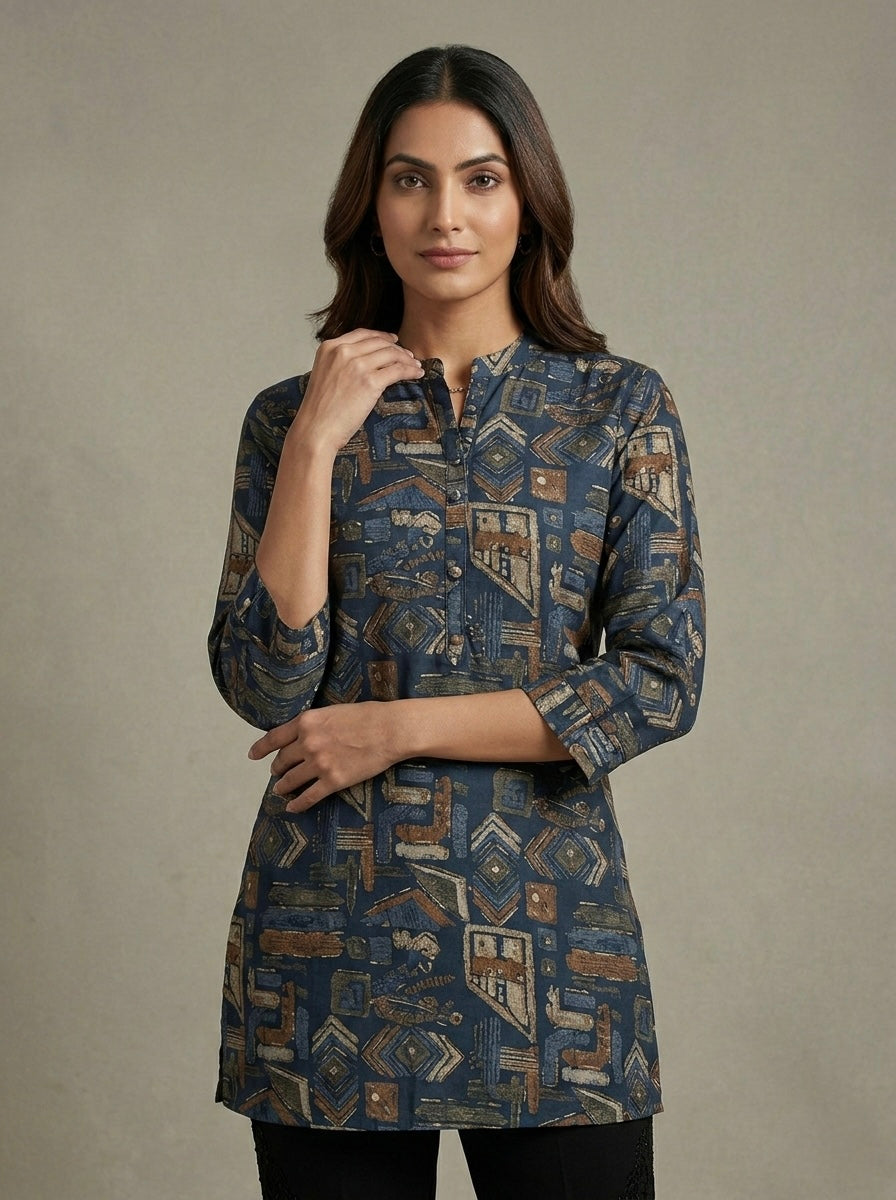FLORAL & ADSTRACT MANDARIN COLLAR TUNIC KURTHI