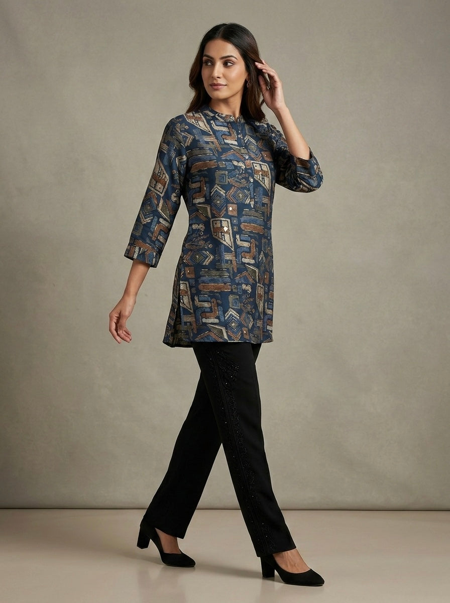 FLORAL & ADSTRACT MANDARIN COLLAR TUNIC KURTHI