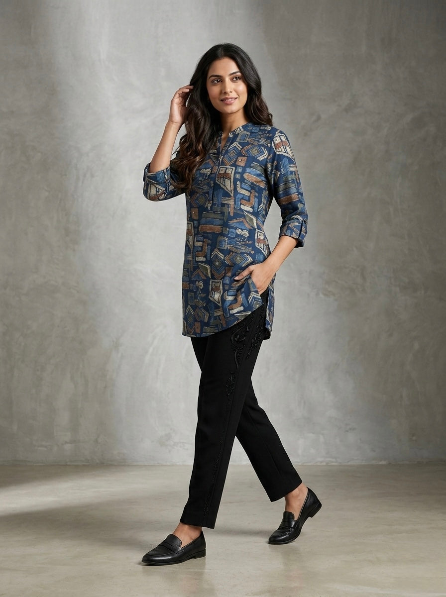 FLORAL & ADSTRACT MANDARIN COLLAR TUNIC KURTHI