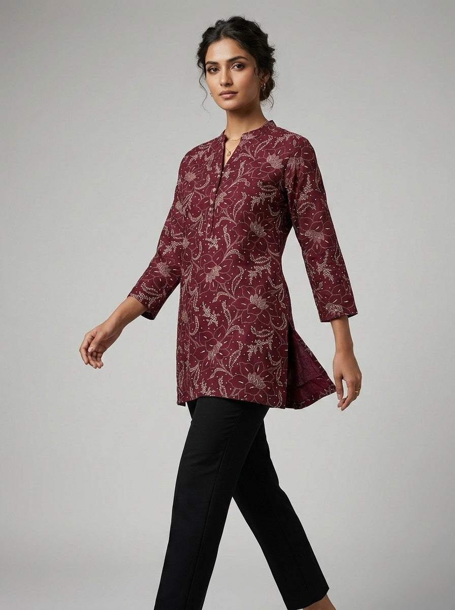 MAROON FLORAL PRINTED  MANDARIN COLLAR TUNIC KURTHI
