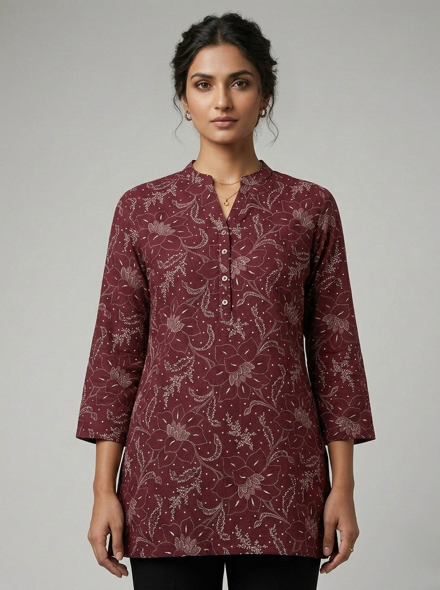 MAROON FLORAL PRINTED  MANDARIN COLLAR TUNIC KURTHI