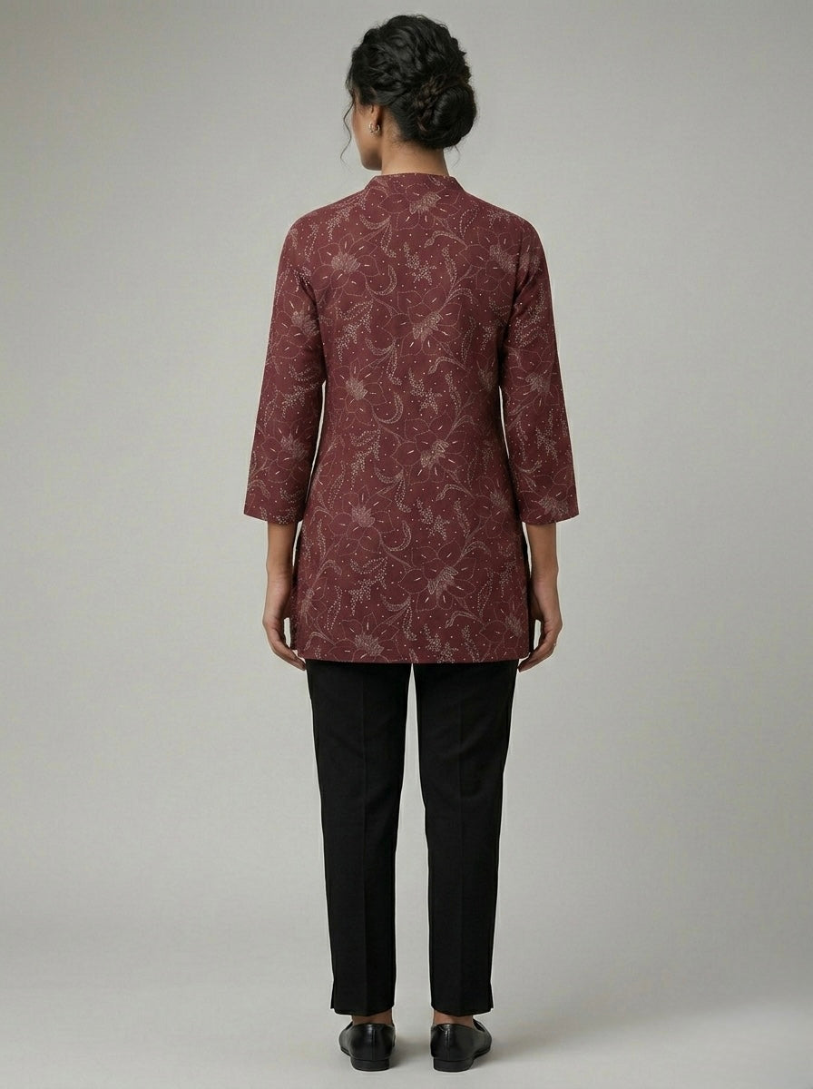 MAROON FLORAL PRINTED  MANDARIN COLLAR TUNIC KURTHI
