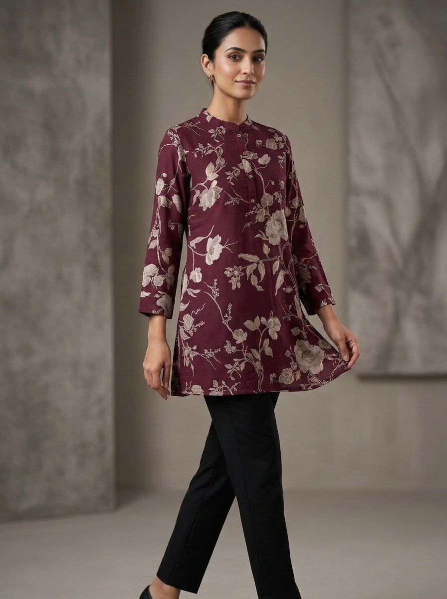 MERUN FLORAL BLEND MANDARIN COLLAR TUNIC KURTHI
