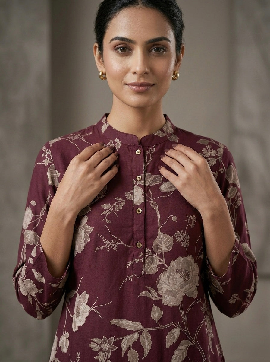 MERUN FLORAL BLEND MANDARIN COLLAR TUNIC KURTHI