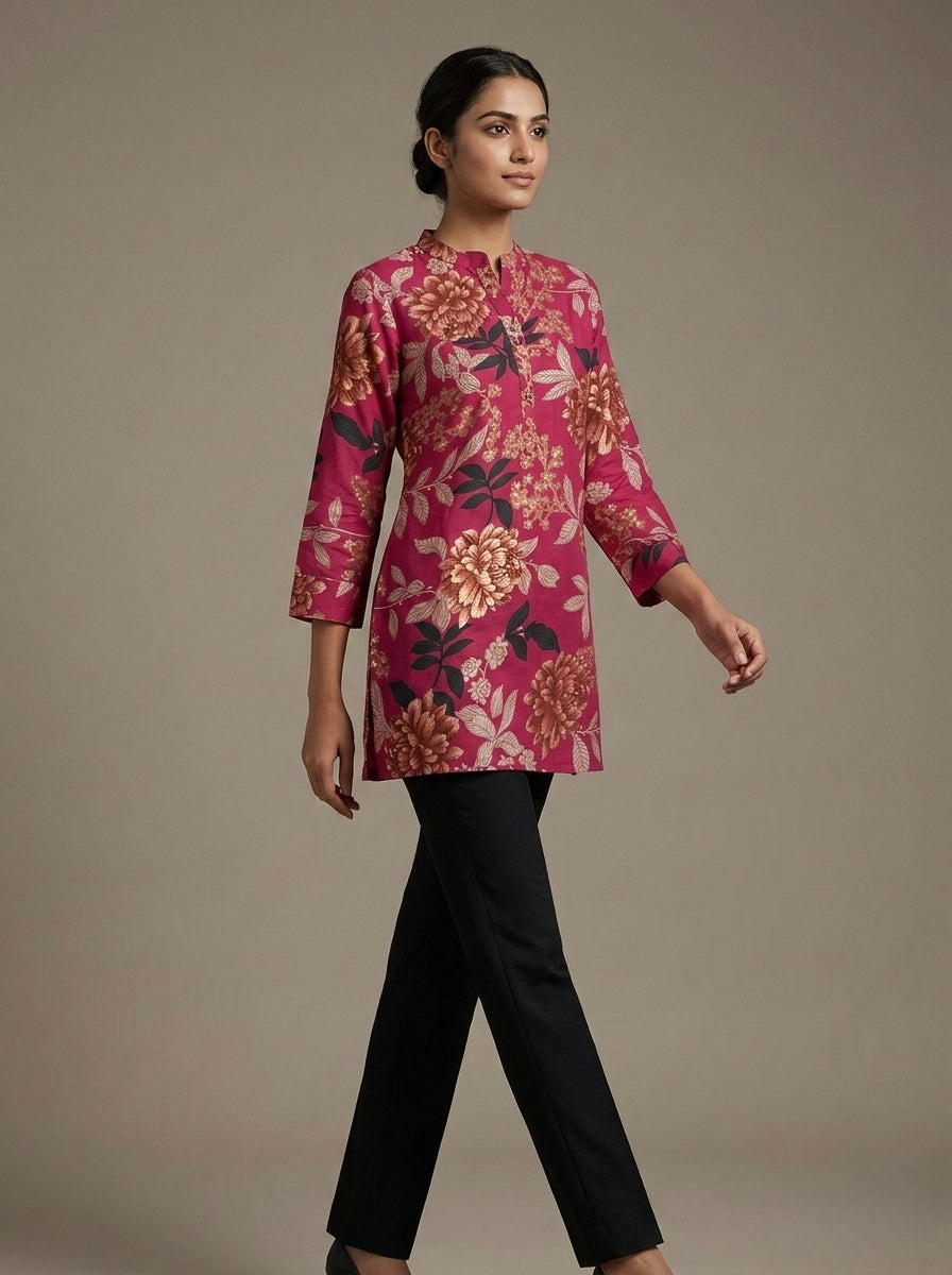 FLORAL PRINTED PINK MANDARIN COLLAR TUNIC KURTHI
