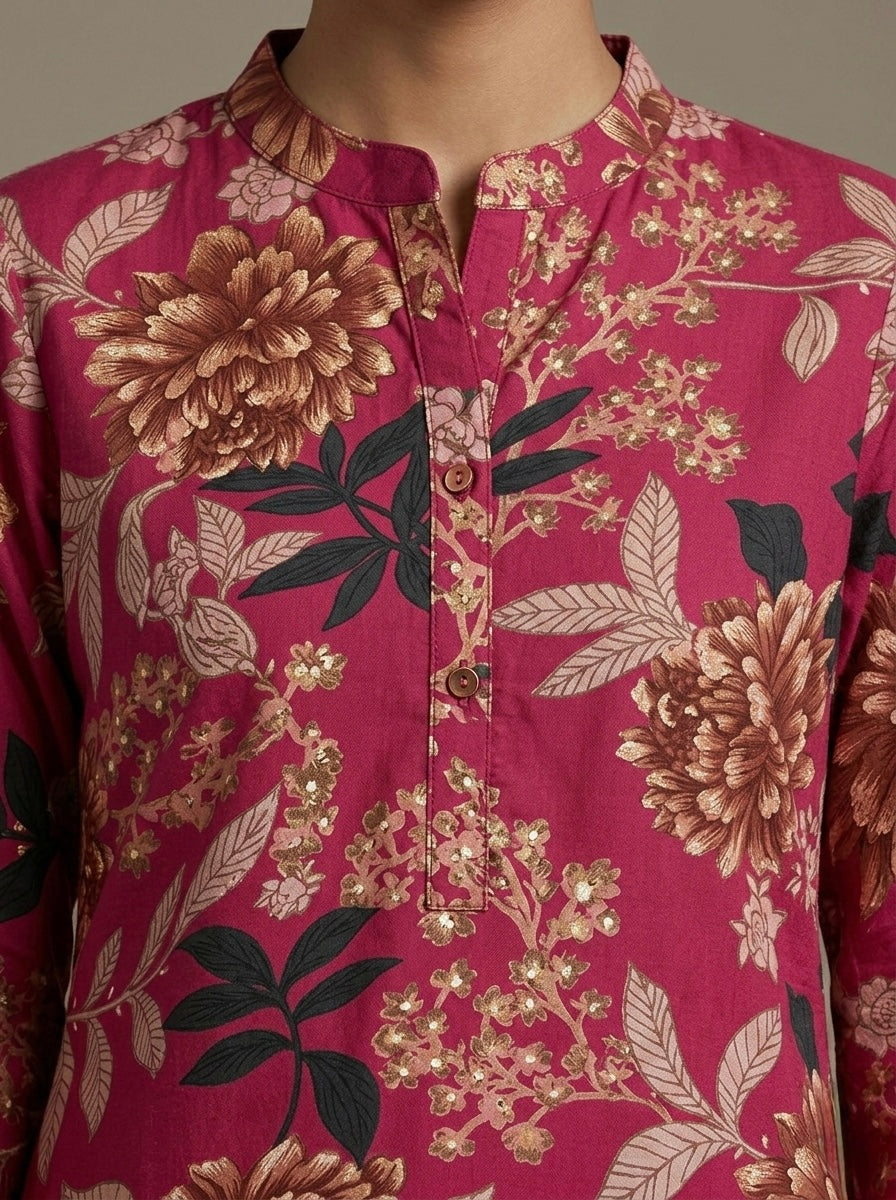 FLORAL PRINTED PINK MANDARIN COLLAR TUNIC KURTHI