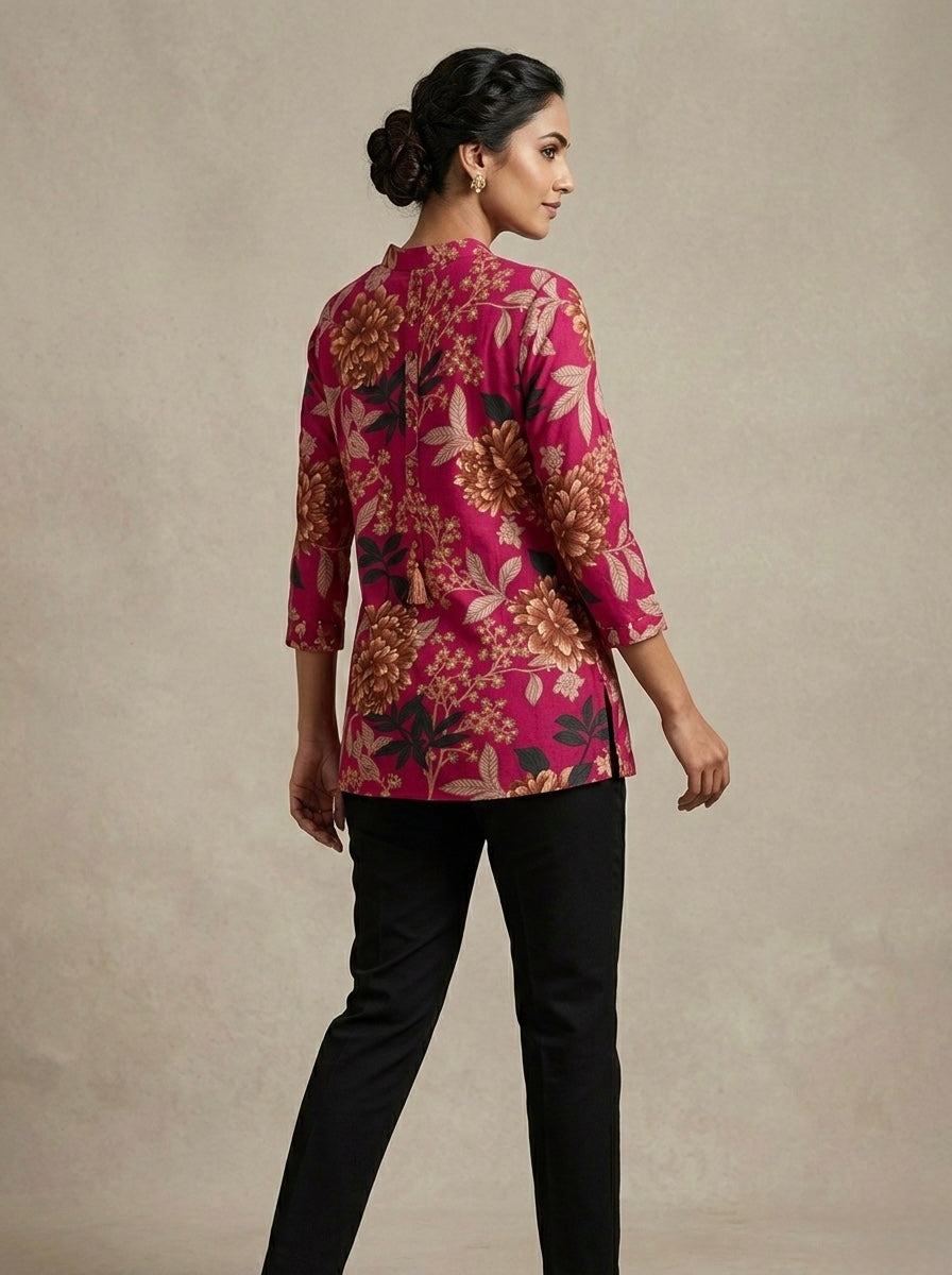 FLORAL PRINTED PINK MANDARIN COLLAR TUNIC KURTHI