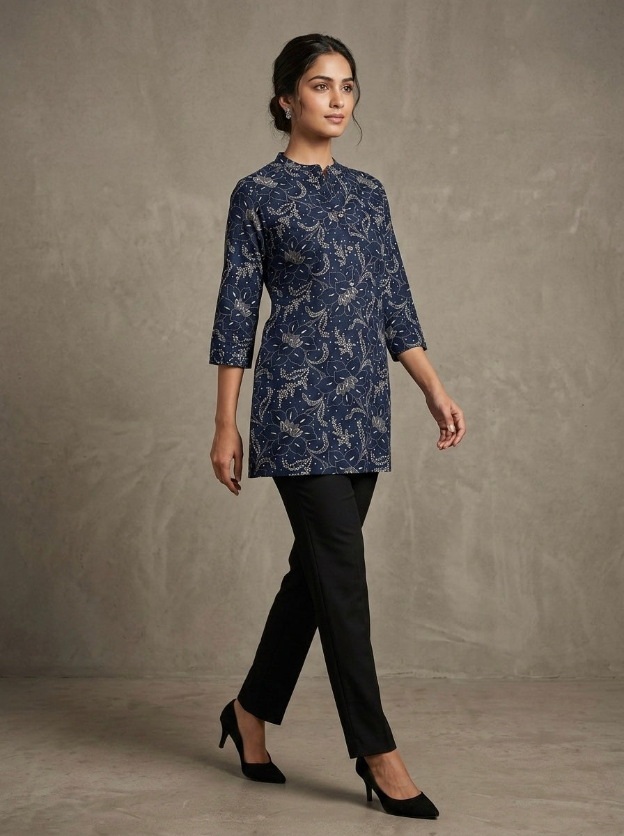 INDIGO PRINTED MANDARIN COLLAR TUNIC KURTHI