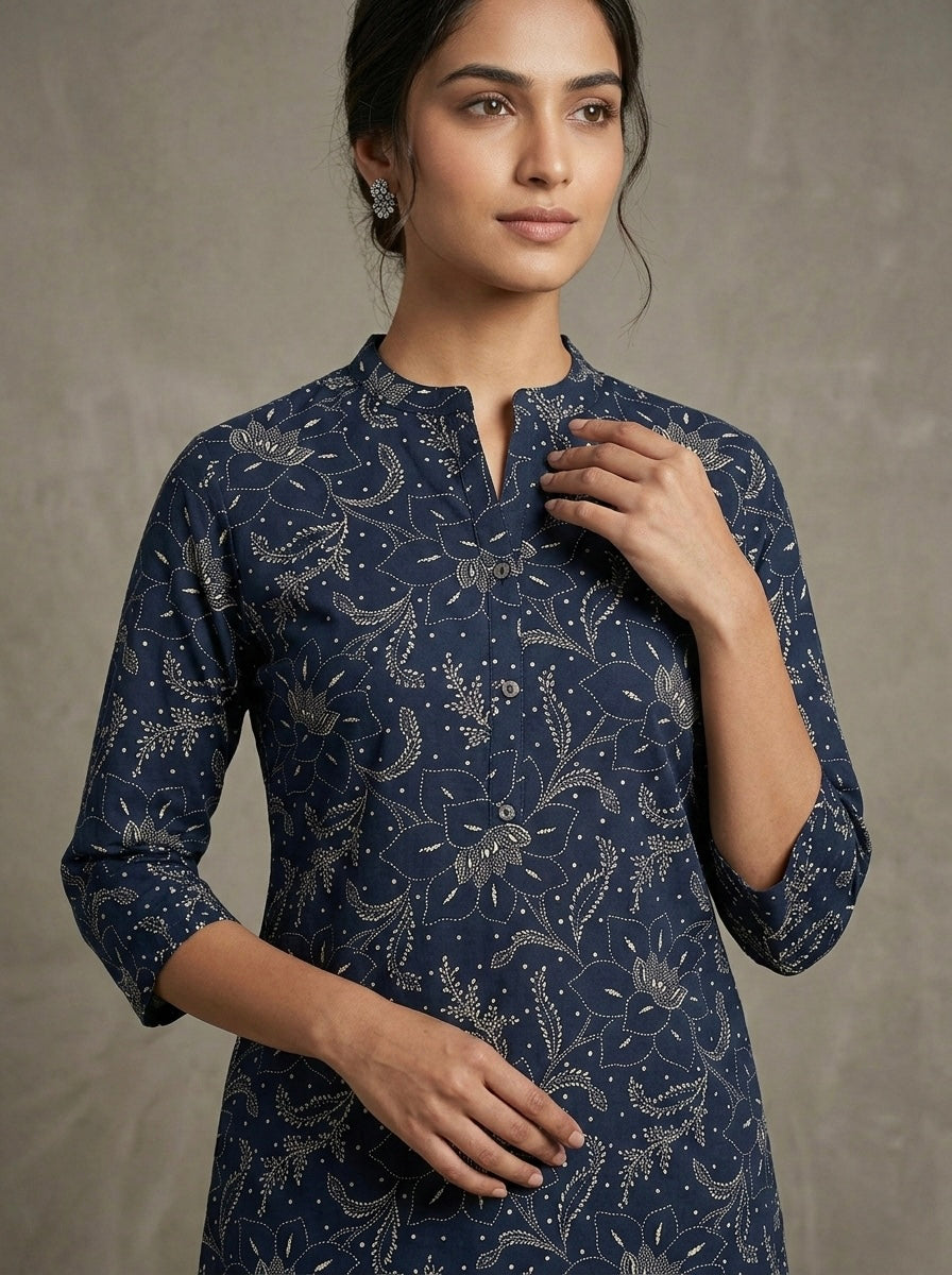 INDIGO PRINTED MANDARIN COLLAR TUNIC KURTHI