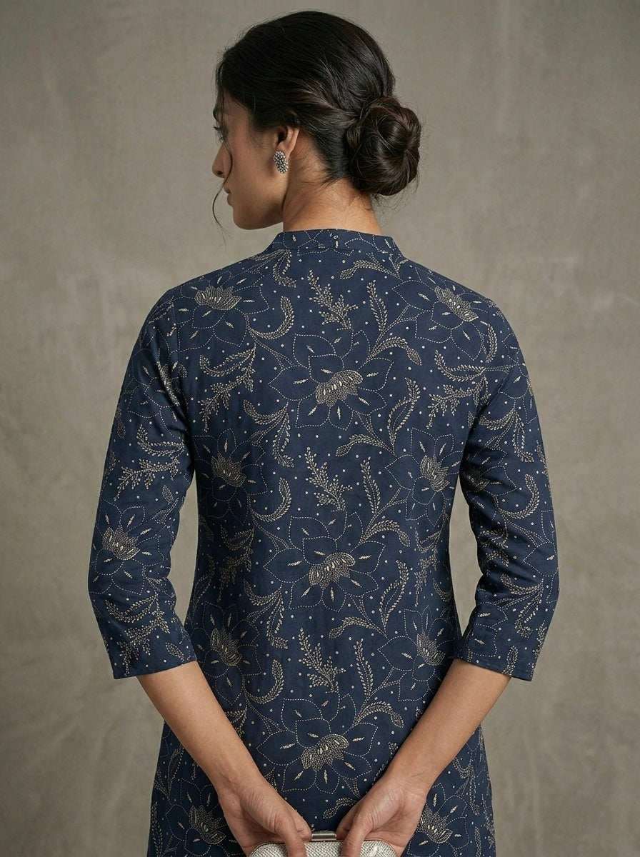 INDIGO PRINTED MANDARIN COLLAR TUNIC KURTHI