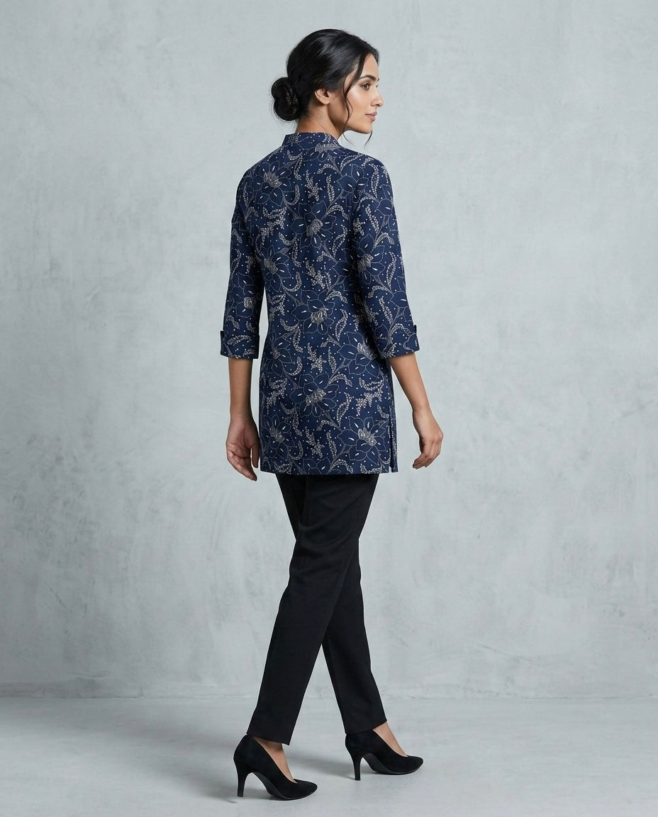 INDIGO PRINTED MANDARIN COLLAR TUNIC KURTHI