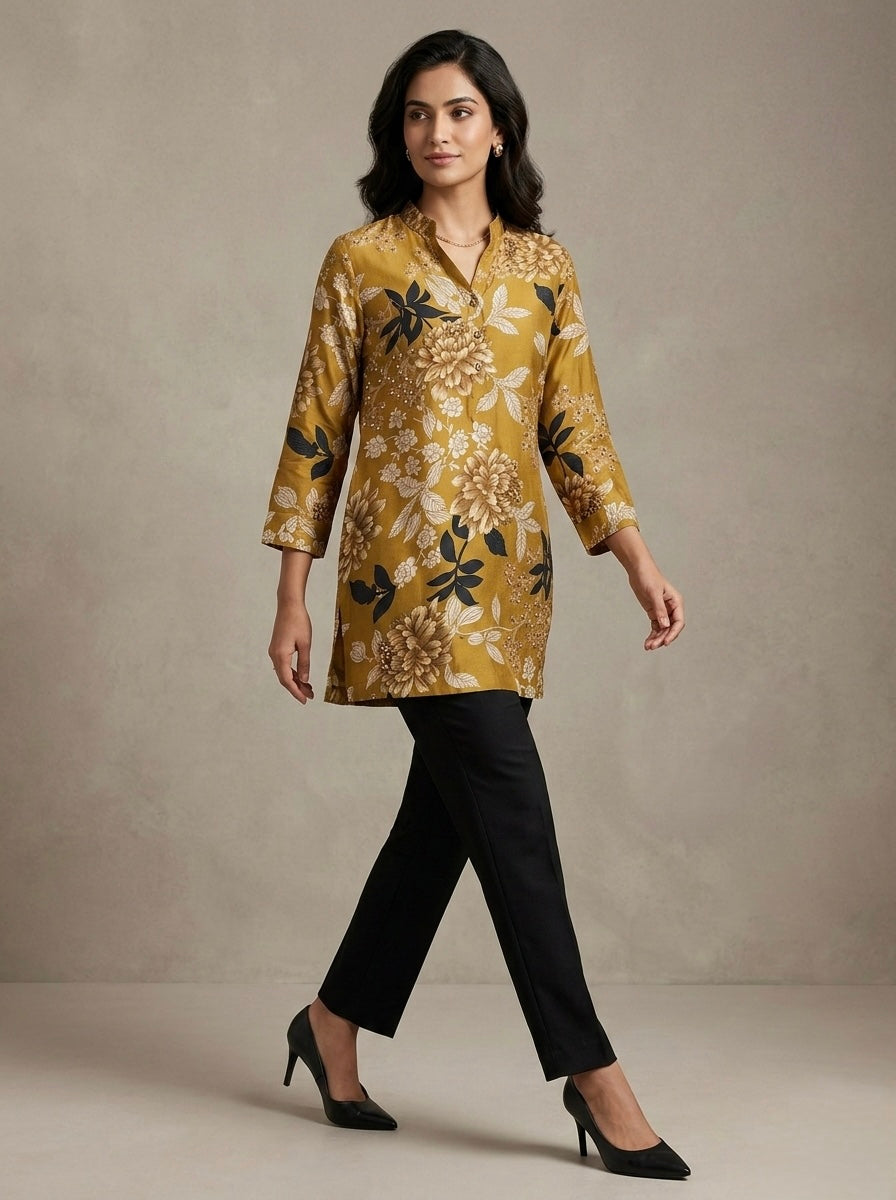 FLORAL MUSTARD  MANDARIN COLLAR TUNIC KURTHI