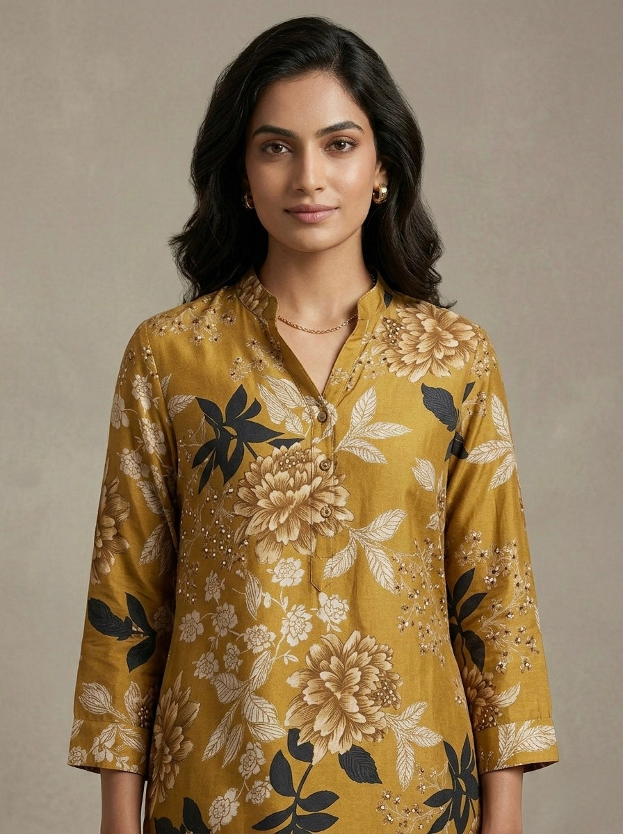 FLORAL MUSTARD  MANDARIN COLLAR TUNIC KURTHI