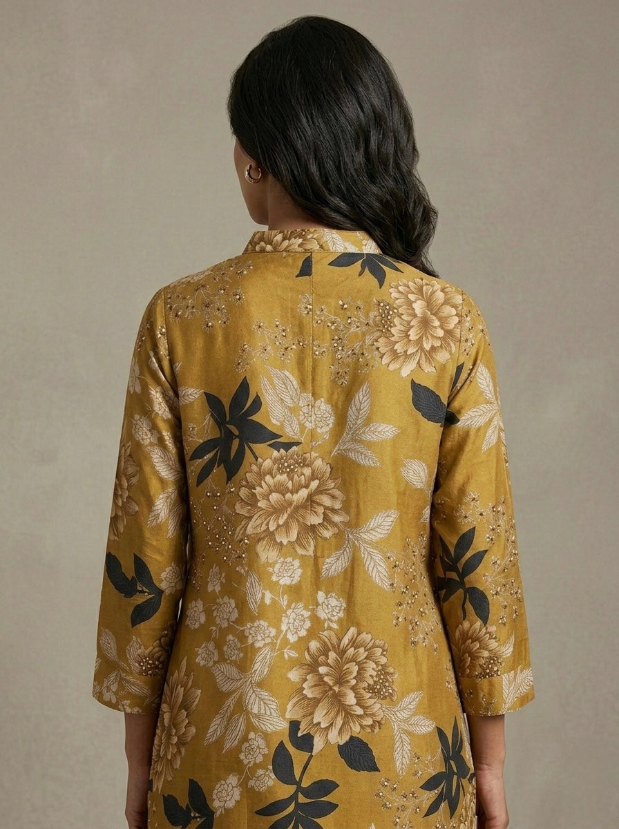 FLORAL MUSTARD  MANDARIN COLLAR TUNIC KURTHI