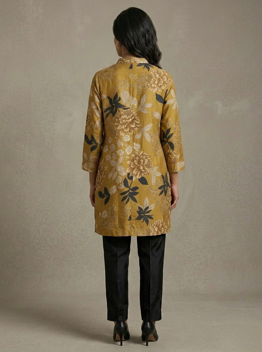 FLORAL MUSTARD  MANDARIN COLLAR TUNIC KURTHI