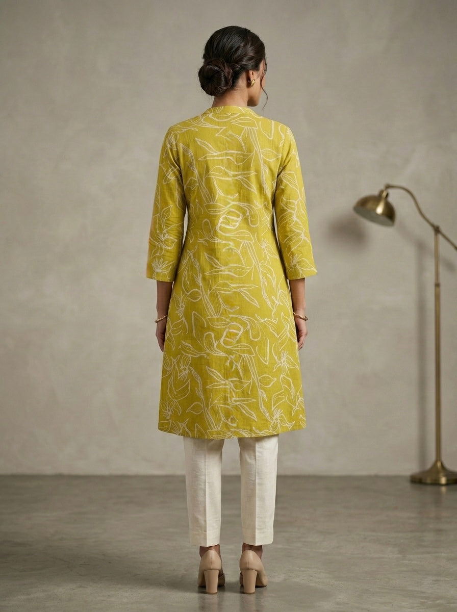 SUN-KISSED MUSTARD KURTHI WITH ABSTRACT LINE ART