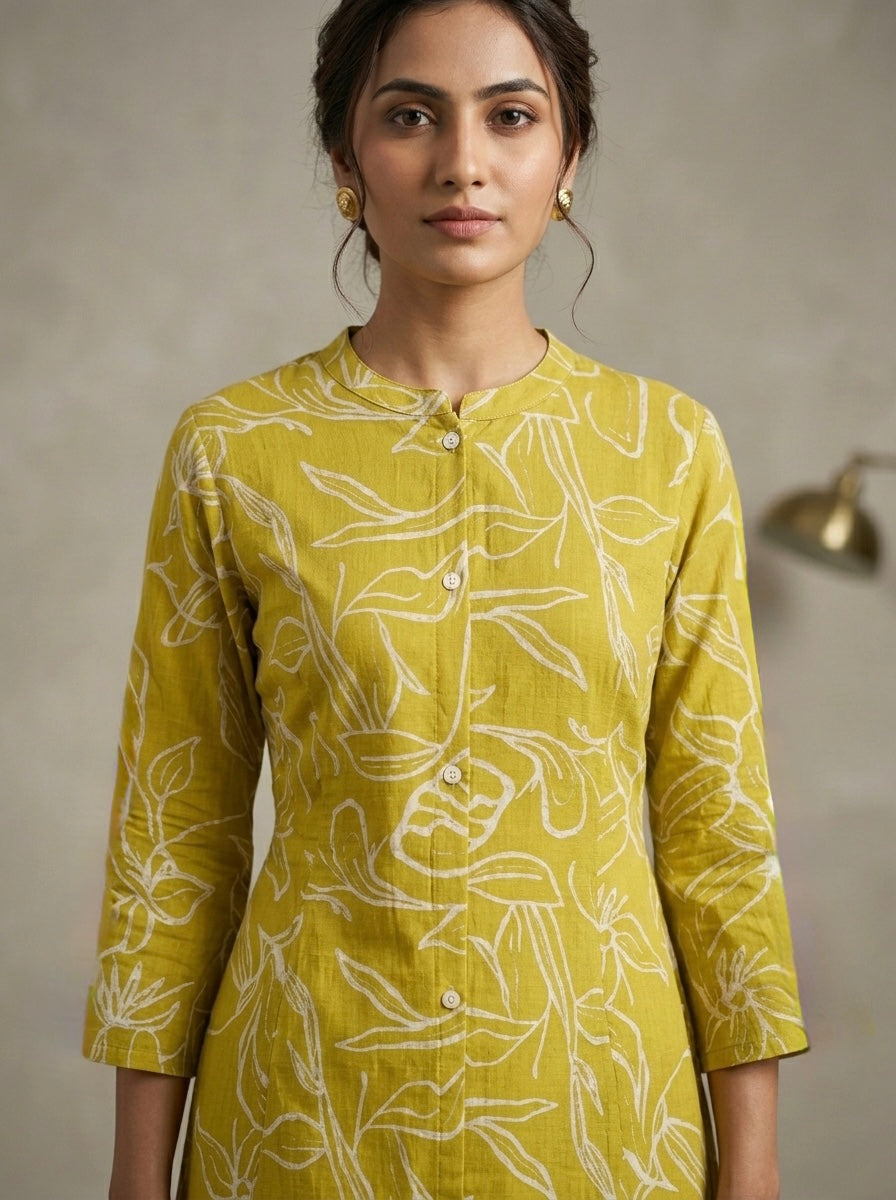 SUN-KISSED MUSTARD KURTHI WITH ABSTRACT LINE ART