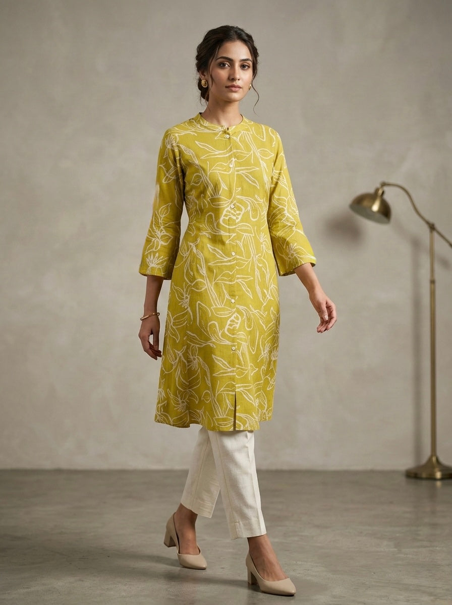 SUN-KISSED MUSTARD KURTHI WITH ABSTRACT LINE ART
