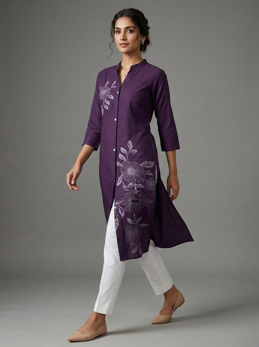 ROYAL PLUM KURTHI WITH ABSTRACT FLORAL EMBROIDERY