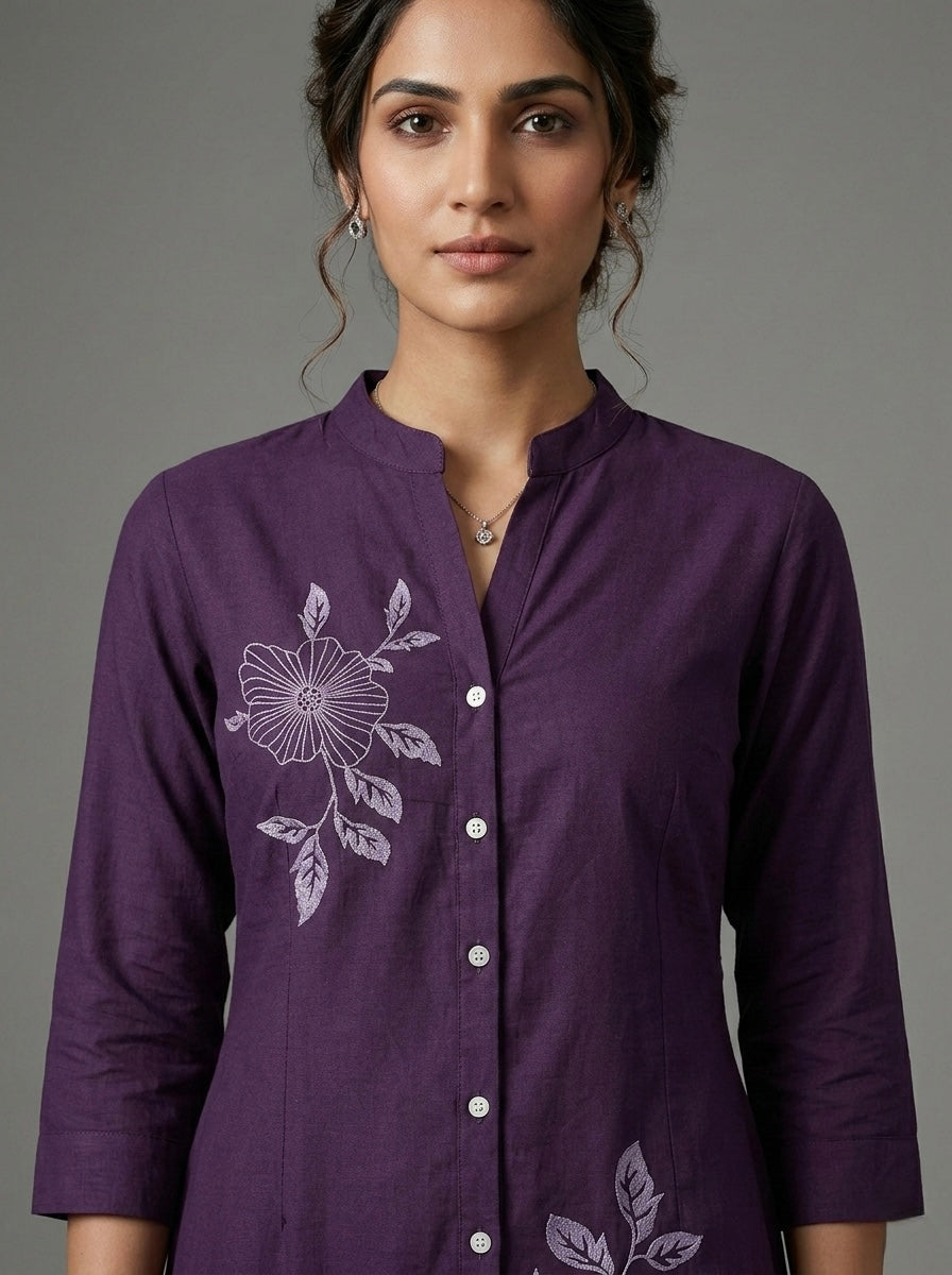 ROYAL PLUM KURTHI WITH ABSTRACT FLORAL EMBROIDERY