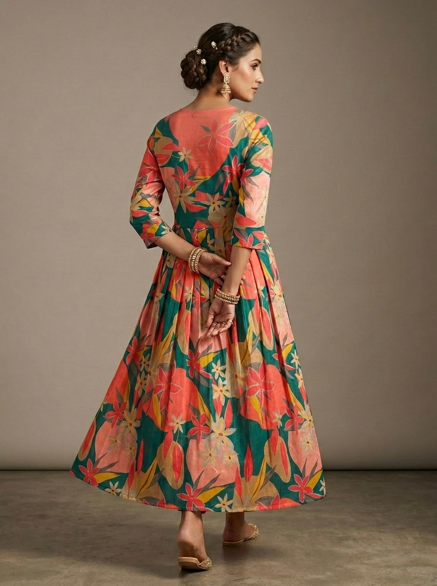 SUNSET FLORAL ANARKALAI WITH EMBROIDERED BODICE KURTHI