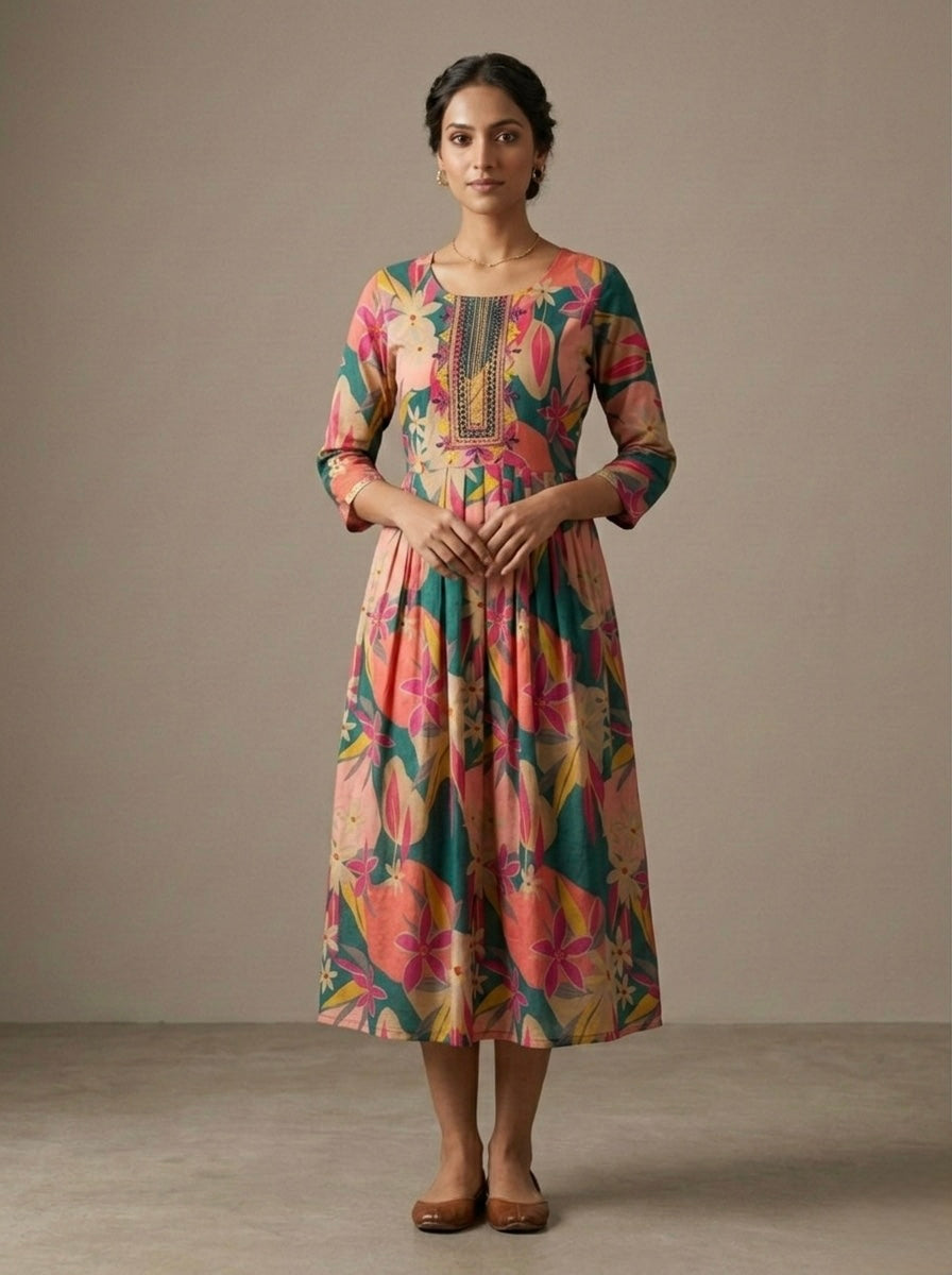 SUNSET FLORAL ANARKALAI WITH EMBROIDERED BODICE KURTHI