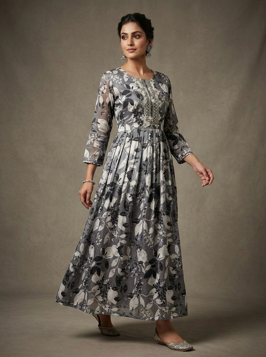 MONOCHROME ELEGANCE ANARKALI WITH SHEER FLORAL OVERLAY KURTHI