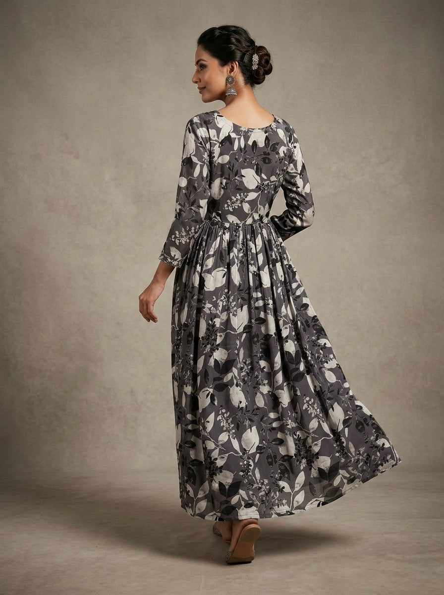 MONOCHROME ELEGANCE ANARKALI WITH SHEER FLORAL OVERLAY KURTHI