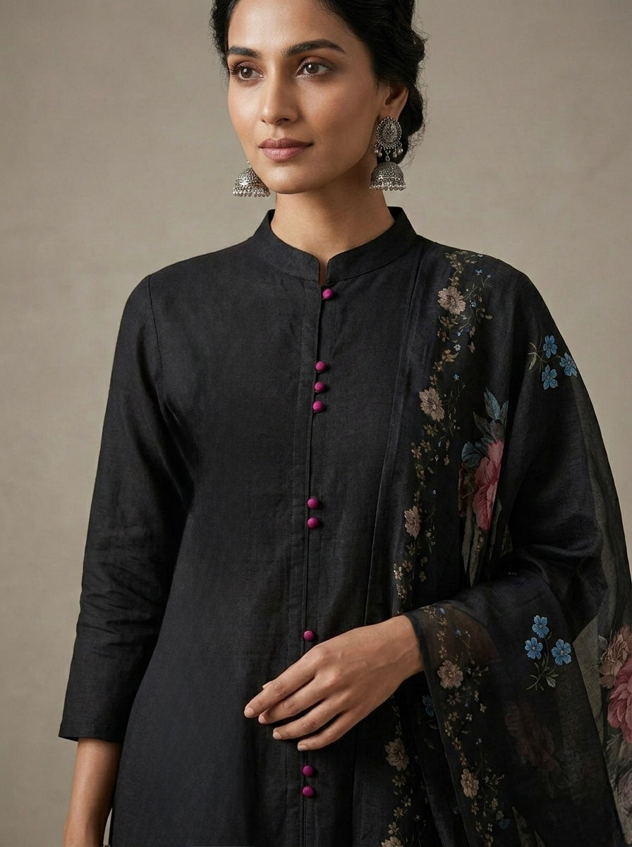 MIDNIGHT KURTHA SET WITH FLORAL ORAGANZA DUPPATA
