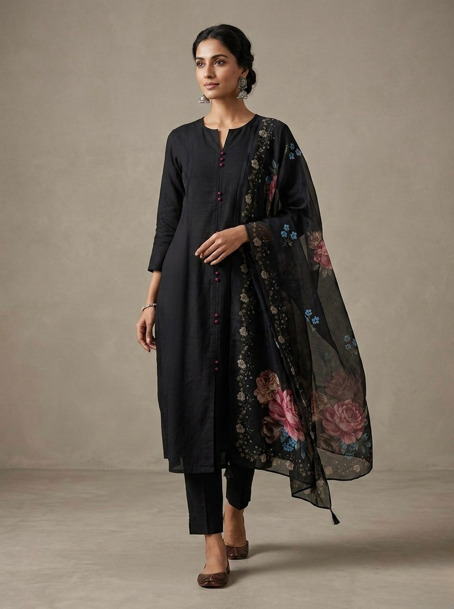 MIDNIGHT KURTHA SET WITH FLORAL ORAGANZA DUPPATA