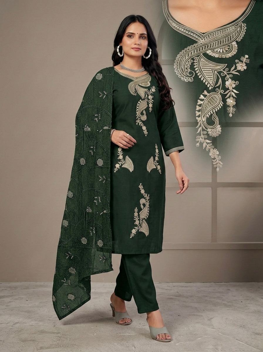 BOTTLE GREEN ICONIC KURTI SET