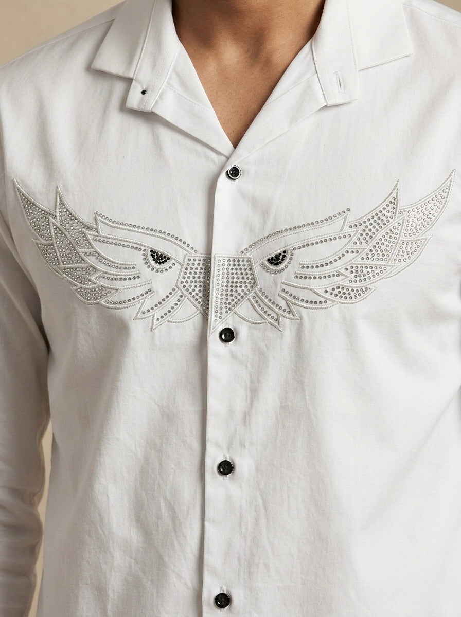 WHITE SLIM-FIT SHIRT WITH CRYSTAL WING EMBROIDERY