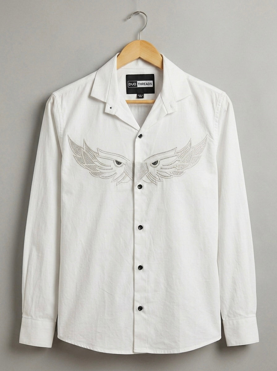 WHITE SLIM-FIT SHIRT WITH CRYSTAL WING EMBROIDERY