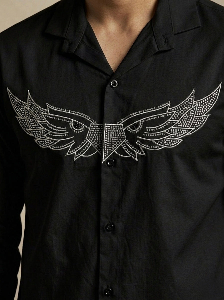 BLACK SLIM-FIT SHIRT WITH SILVER CRYSTAL WING EMBROIDERY